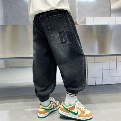 P Boys Tie Jeans Spring and Autumn 2024 New Children's Blue Pants Casual Middle and Older Children's Autumn Pants Tide