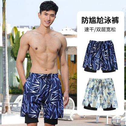 P swimsuit for men, preventing awkwardness, loose fitting, quick drying, beach soaking, hot spring equipment, men's swimsuit set with a five part flat angle