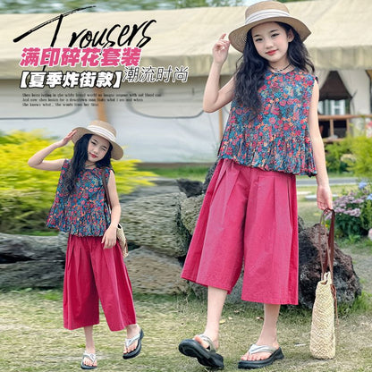 P Girls Summer Set 2024 New Girl's Fashionable Flower Top Children's Wide Legged Pants Big Kids Fashion Two Piece Set