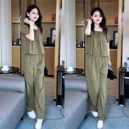 P high-end casual temperament shirt and pants two-piece set for women's 2023 summer fashionable age reducing bubble sleeve top set