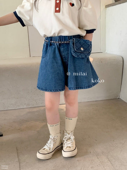 P Girls' Suit Summer 2024 Foreign Polo Short Sleeve Versatile Summer Dress Popular Denim Shorts Children's Two-Piece Trend