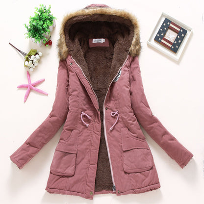 A autumn and winter new Korean version of medium and long women's cotton-padded clothes, plush collar, slim fit, thickened large size coat top