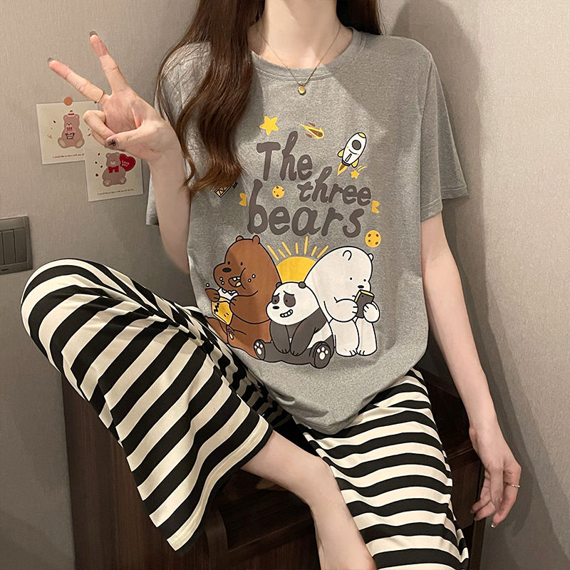 P cute bear pajamas women's summer new short-sleeved trousers thin Korean version loose can be worn outside Internet celebrity loungewear