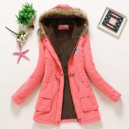 A autumn and winter new Korean version of medium and long women's cotton-padded clothes, plush collar, slim fit, thickened large size coat top