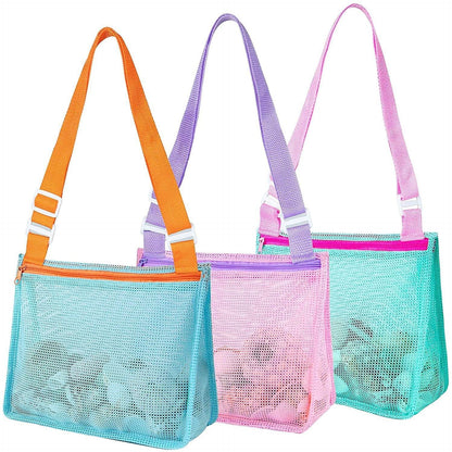 Bolsa de red para niños, bolsa de almacenamiento de malla con cremallera para juguetes de playa, correa de hombro ajustable colorida de mano, mochila de playa para almacenamiento