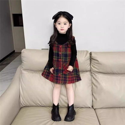 Girls&#039; woolen cloth vest skirt autumn and winter children&#039;s spring skirt baby vest dress spring and autumn plaid princess skirt