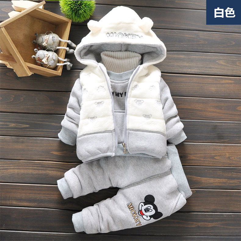 P baby girl 1 year old baby girl 3 children's clothing fleece thickened boys sweater three-piece set children's winter warm jacket set