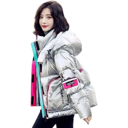 p Contrast color glossy leave-in down jacket women's short  new small fried street bread jacket Korean version loose coat