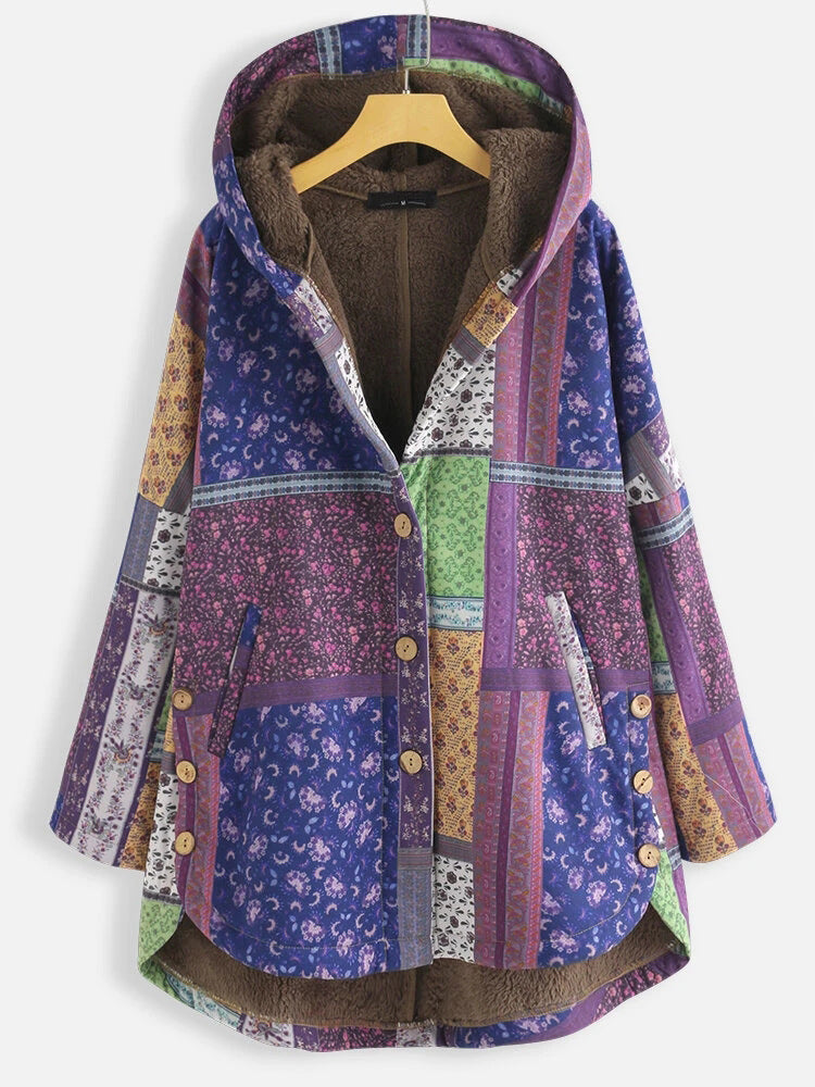 Venta al por mayor de ropa de algodón de otoño e invierno para mujer, chaqueta de abrigo de algodón grueso y cálido de talla grande con capucha y estampado artístico 