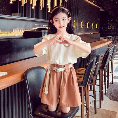 P girls&#039; summer suit thin 2024 new Zhongda children&#039;s short-sleeved shirt online celebrity fashionable shorts two-piece suit.