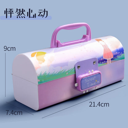 A Password Pen Box for Female Primary School Students Password Lock Cute Instagram Japanese Creative Large Capacity Pen Box Simplified Children's Storage