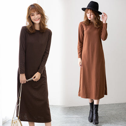 A Autumn New Korean Version Slim Long Skirt Round Neck Long Sleeve Dress Fashionable and Versatile Solid Color Women's Long Skirt 0.1KG