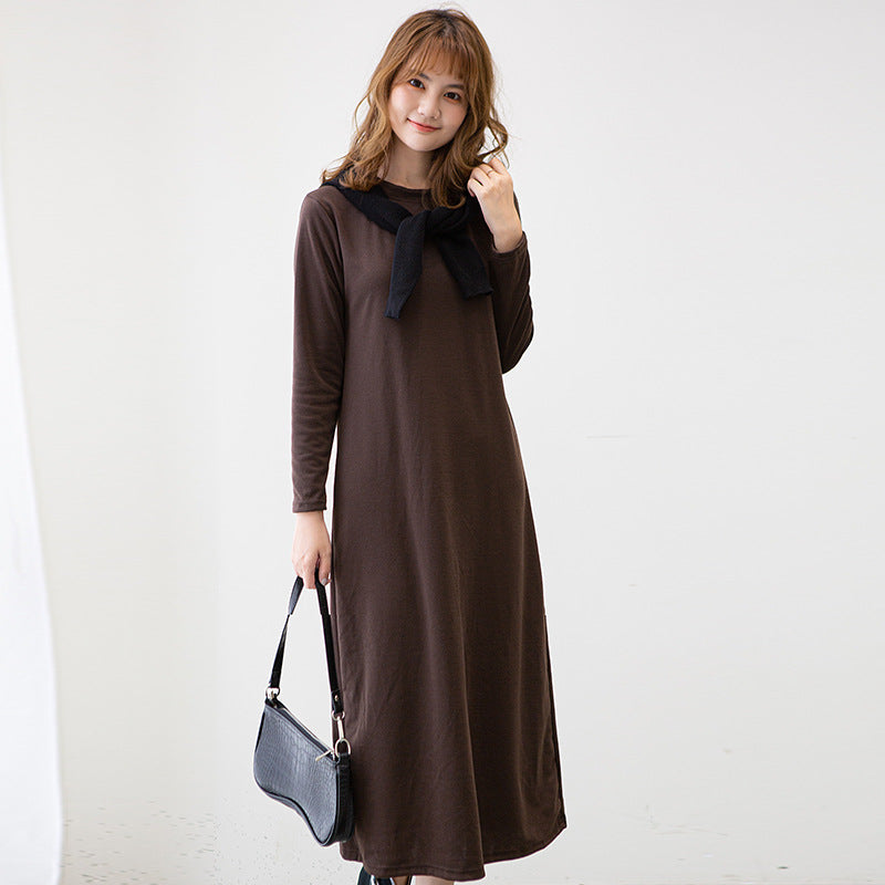 A Autumn New Korean Version Slim Long Skirt Round Neck Long Sleeve Dress Fashionable and Versatile Solid Color Women's Long Skirt 0.1KG