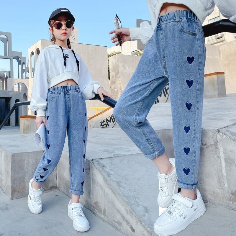 P girls jeans 2024 spring and autumn new girls Korean wide-leg pants medium and older children's foreign loose casual straight-leg pants