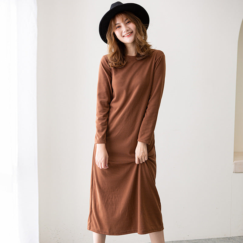 A Autumn New Korean Version Slim Long Skirt Round Neck Long Sleeve Dress Fashionable and Versatile Solid Color Women's Long Skirt 0.1KG