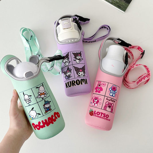 Juego de tazas para niños con correa de dibujos animados universal y linda, portátil, con funda protectora para tetera, bolsa para taza de agua 