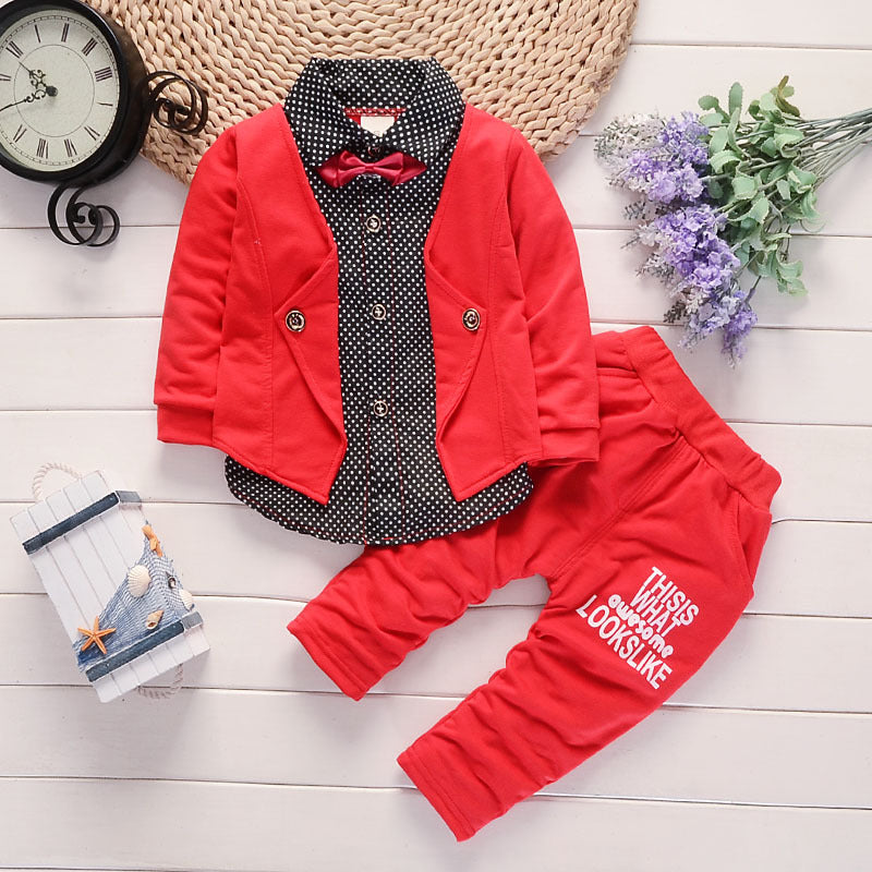 Spring and autumn new children&#039;s clothing infant gentleman suit fake three 0-4 years old children two-piece baby suit tide 0.24kg