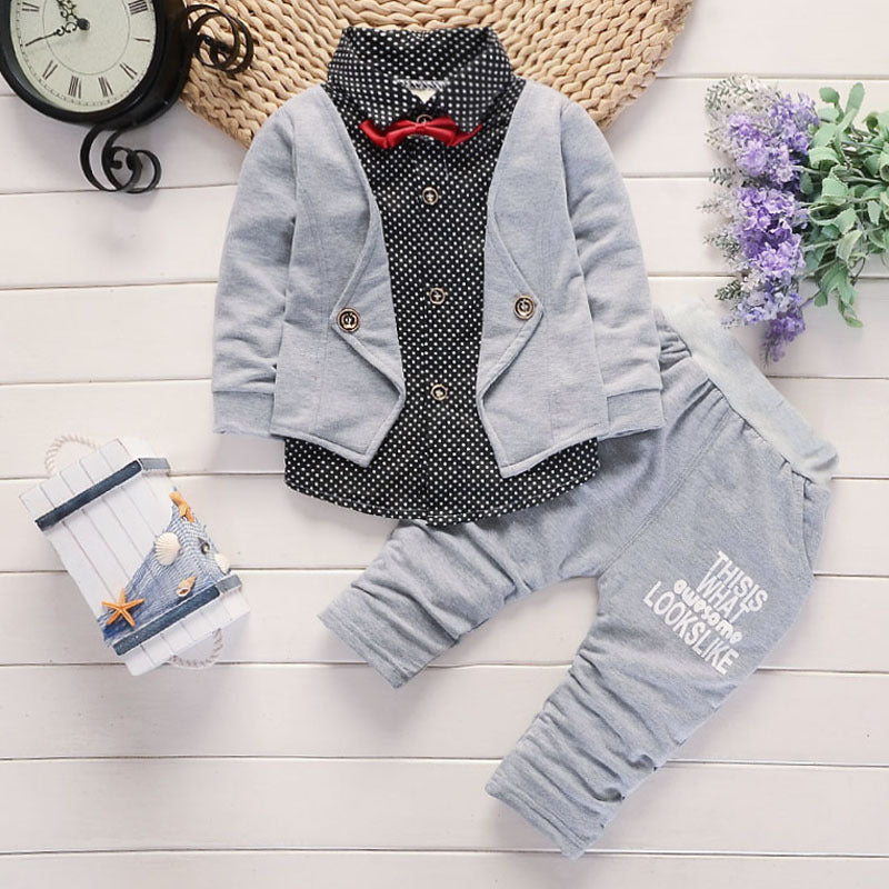 Spring and autumn new children&#039;s clothing infant gentleman suit fake three 0-4 years old children two-piece baby suit tide 0.24kg