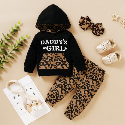 Girls fall/winter 2020 new European and American letter printed hooded jacket+leopard print trousers set of three 0.15kg