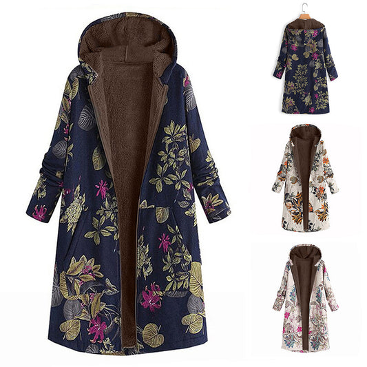 Spring new retro printed cotton coat hooded zipper long velvet women's coat cotton coat