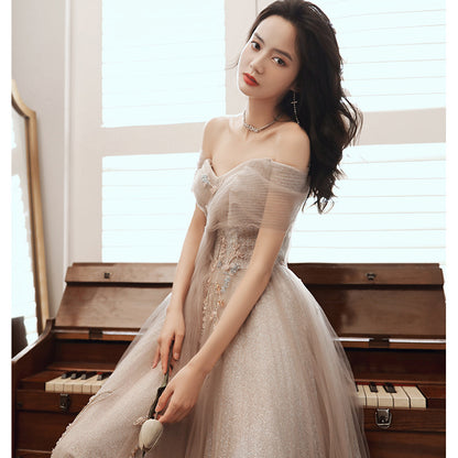 A one-word shoulder banquet evening dress women's 2024 spring new celebrity temperament dress aura queen annual meeting long