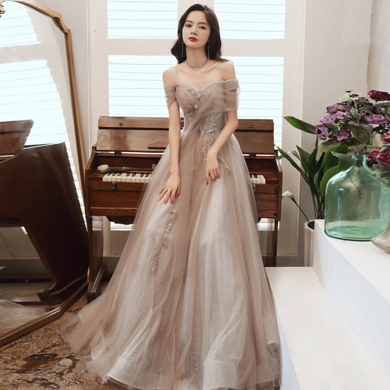 A one-word shoulder banquet evening dress women's 2024 spring new celebrity temperament dress aura queen annual meeting long