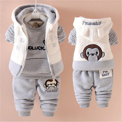 P baby girl 1 year old baby girl 3 children's clothing fleece thickened boys sweater three-piece set children's winter warm jacket set