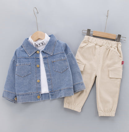 Wholesale of children's clothing, autumn new children's set, Korean version, fashionable autumn denim jacket, long sleeved three piece set, trendy 0.3kg