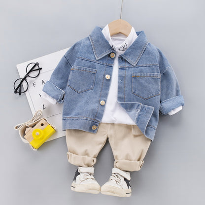 Wholesale of children's clothing, autumn new children's set, Korean version, fashionable autumn denim jacket, long sleeved three piece set, trendy 0.3kg