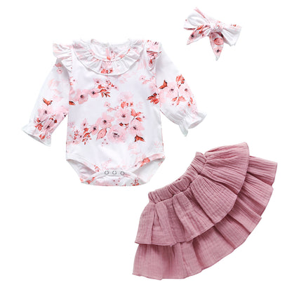 Conjunto de falda para niña con estampado de otoño con borde cruzado, jersey europeo y americano, conjunto de dos piezas de algodón rosa YT005 0,18 kg 