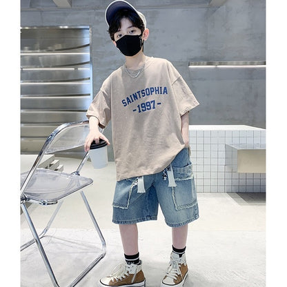 P boy summer suit 2024 new children&#039;s fashion brand short-sleeved cotton two-piece suit is handsome and fashionable.