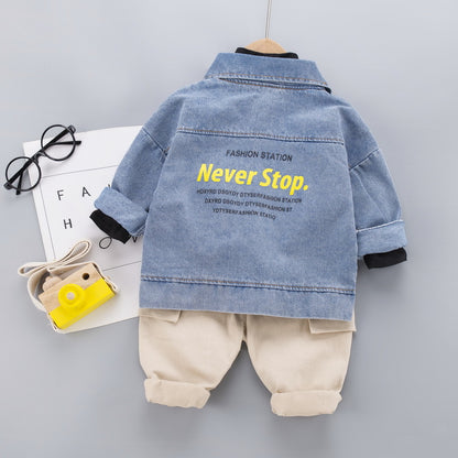 Wholesale of children's clothing, autumn new children's set, Korean version, fashionable autumn denim jacket, long sleeved three piece set, trendy 0.3kg