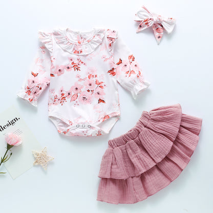 Conjunto de falda para niña con estampado de otoño con borde cruzado, jersey europeo y americano, conjunto de dos piezas de algodón rosa YT005 0,18 kg 