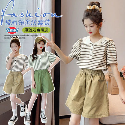 P Girls Set 2024 Summer New Children's Doll Collar Short Sleeve Foreign Style Girl Summer Korean Version Striped Two-Piece Set