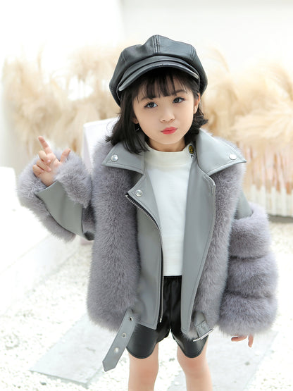 A autumn and winter boys and girls imitation fox fur jacket new children's warm wool sweater trendy locomotive clothing thickened