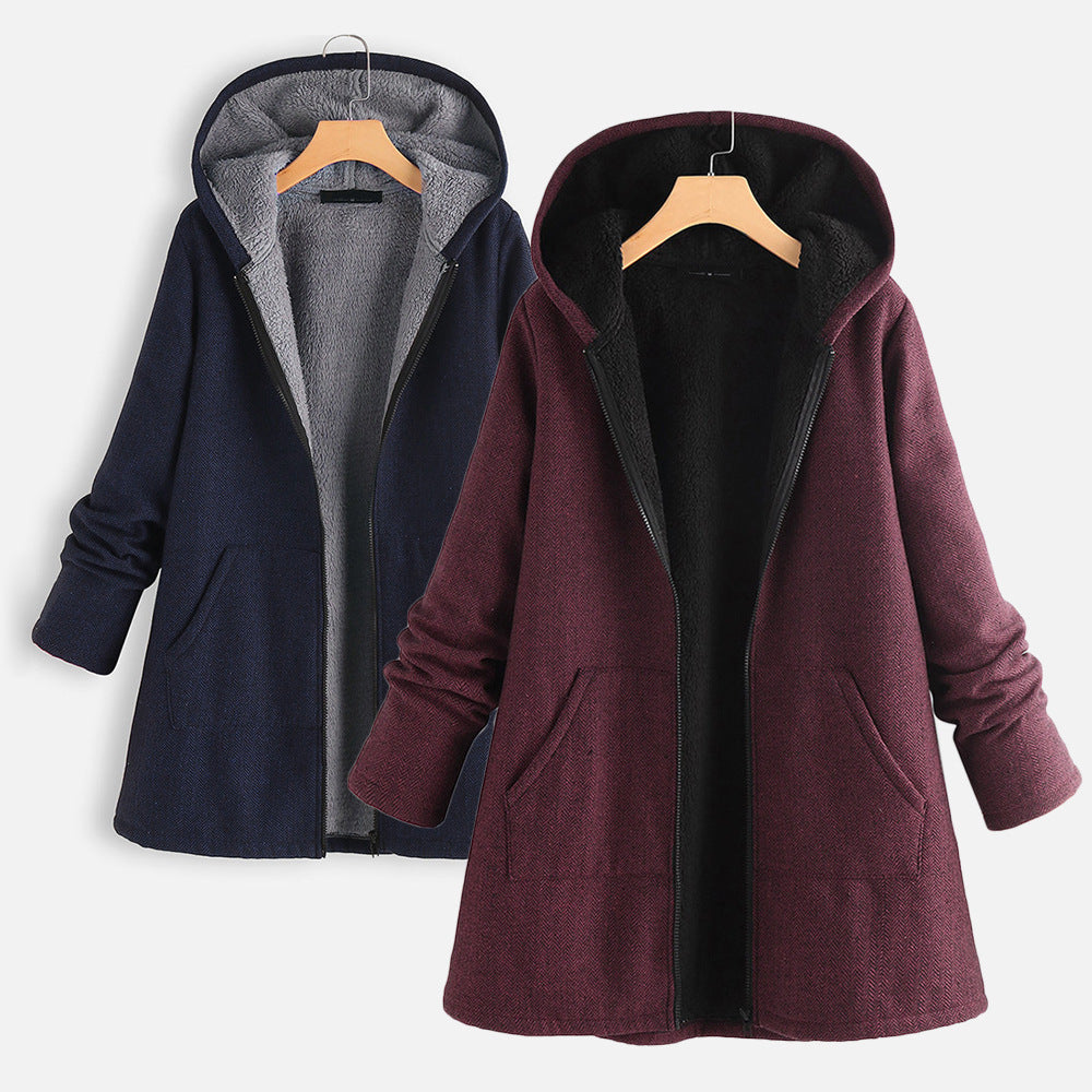 New autumn and winter cotton-padded casual velvet thickened cotton-padded jacket mid-length hooded women's jacket