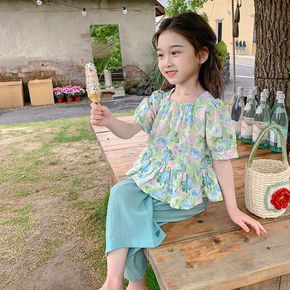 P Ohm Bear Girl's Fashionable Set Summer 2024 New Internet Popular Summer Clothes Female Baby Summer Fashion Short Sleeves