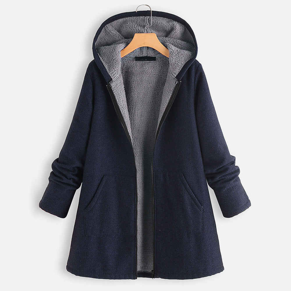 New autumn and winter cotton-padded casual velvet thickened cotton-padded jacket mid-length hooded women's jacket