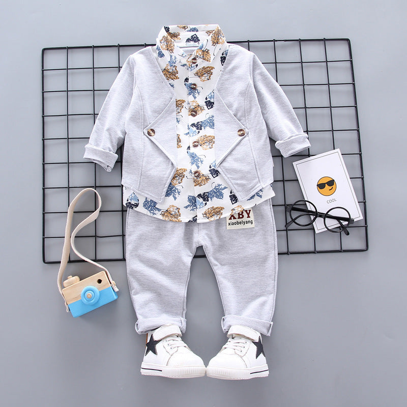 Spring and autumn new children&#039;s clothing infant gentleman suit fake three 0-4 years old children two-piece baby suit tide 0.24kg