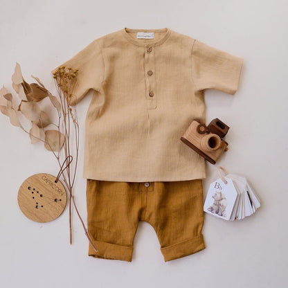 Summer Cotton and Hemp Boys' Khaki Grey Set Solid Short sleeved Pants Set Two Piece Set Single breasted T-shirt Instagram Popular