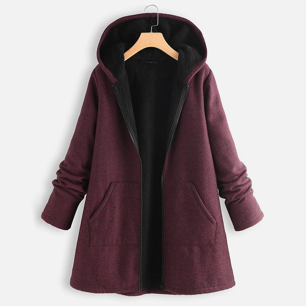 New autumn and winter cotton-padded casual velvet thickened cotton-padded jacket mid-length hooded women's jacket