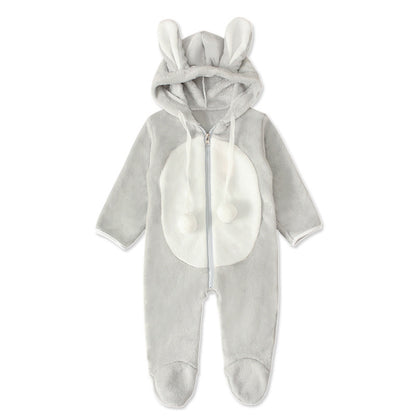 A boys and girls, children, Europe, America, spring, autumn and winter, long-sleeved rabbit hooded thickened jumpsuit, foot-wrapped Romper children's clothing