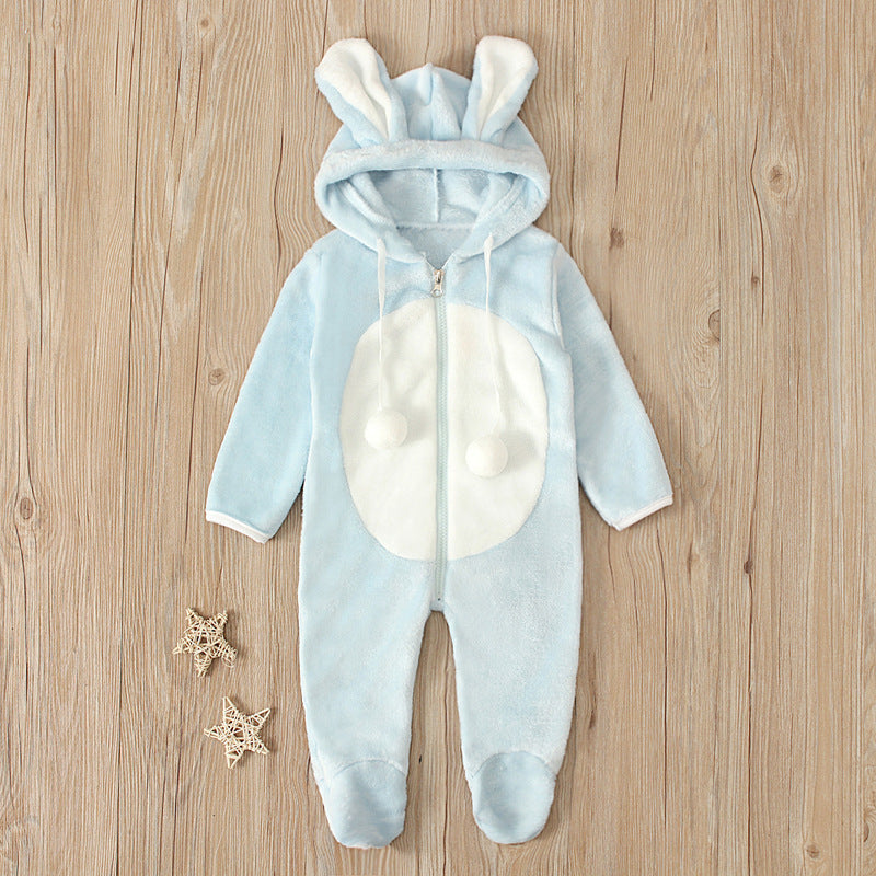 A boys and girls, children, Europe, America, spring, autumn and winter, long-sleeved rabbit hooded thickened jumpsuit, foot-wrapped Romper children's clothing