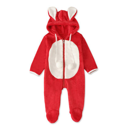 A boys and girls, children, Europe, America, spring, autumn and winter, long-sleeved rabbit hooded thickened jumpsuit, foot-wrapped Romper children's clothing