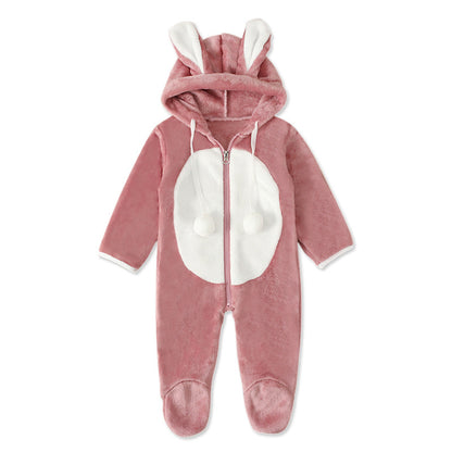 A boys and girls, children, Europe, America, spring, autumn and winter, long-sleeved rabbit hooded thickened jumpsuit, foot-wrapped Romper children's clothing