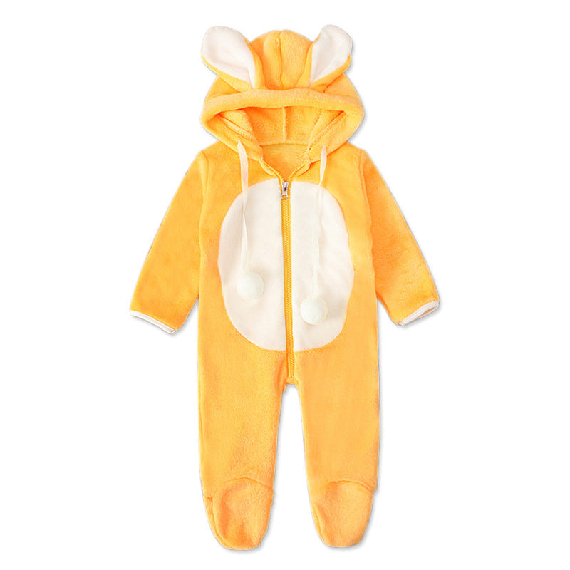 A boys and girls, children, Europe, America, spring, autumn and winter, long-sleeved rabbit hooded thickened jumpsuit, foot-wrapped Romper children's clothing