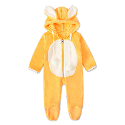 A boys and girls, children, Europe, America, spring, autumn and winter, long-sleeved rabbit hooded thickened jumpsuit, foot-wrapped Romper children's clothing