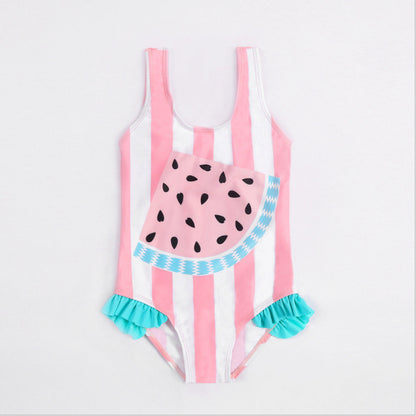 Un nuevo traje de baño de una pieza de gran venta transfronterizo europeo y americano, estampado de sandía, niña de dibujos animados dulce y linda, traje de baño para niños de 0,2 kg 