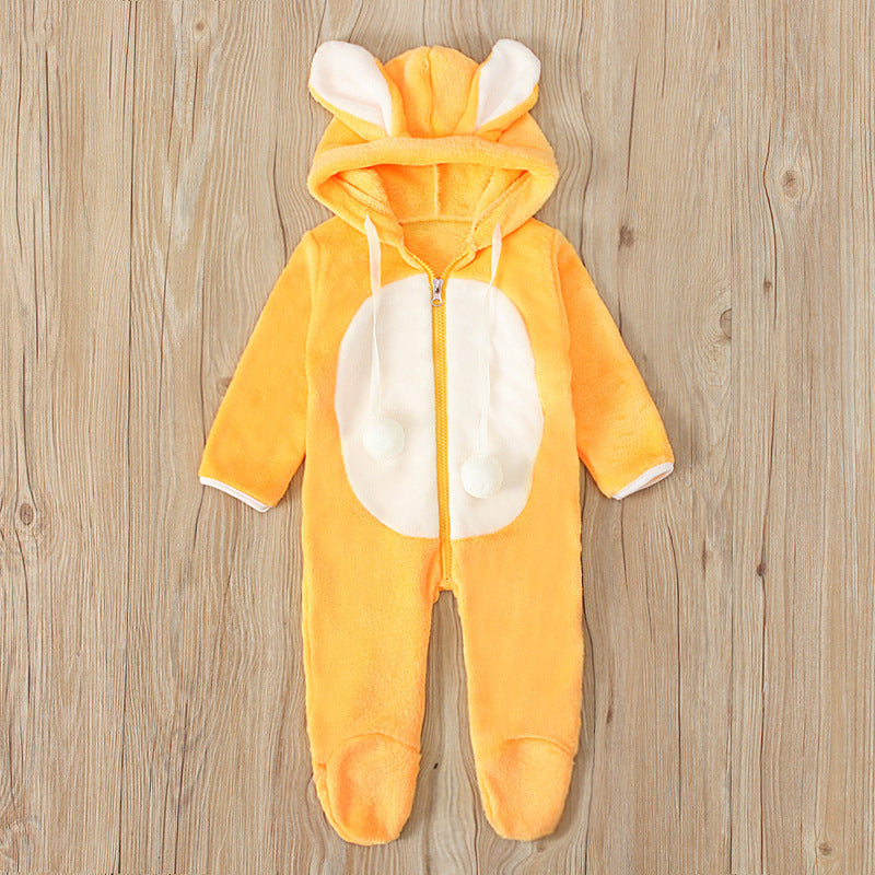 A boys and girls, children, Europe, America, spring, autumn and winter, long-sleeved rabbit hooded thickened jumpsuit, foot-wrapped Romper children's clothing