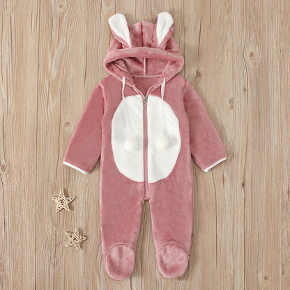 A boys and girls, children, Europe, America, spring, autumn and winter, long-sleeved rabbit hooded thickened jumpsuit, foot-wrapped Romper children's clothing